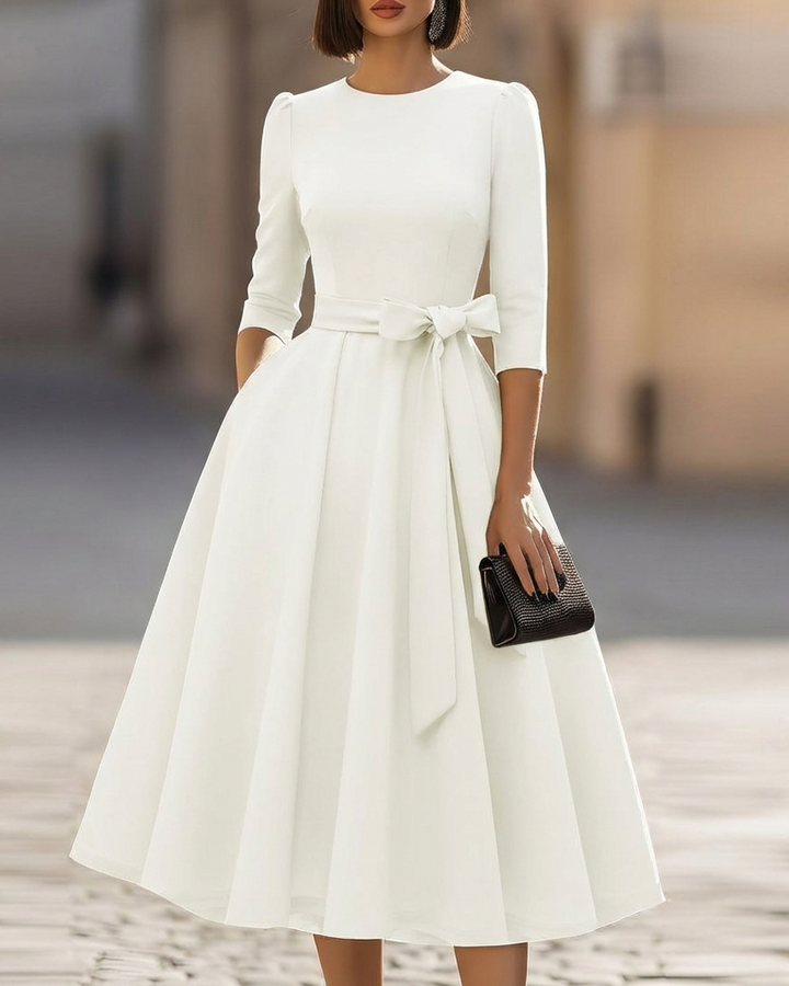 Crew-Neck A-Line Midi Dress – Midi Wedding Guest Dress