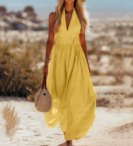 Linen Maxi Dress Women Halter Neck Sleeveless Boho