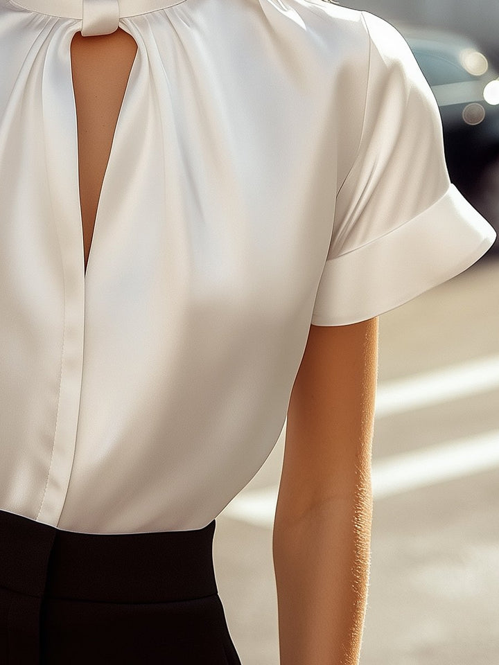 White Satin High-Neck Keyhole Blouse – Ladies White Blouse