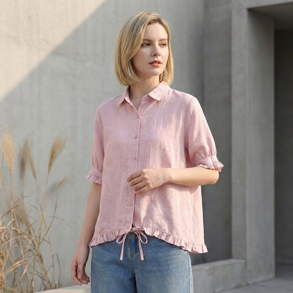 Denim Blouse Women Boxy Ruffle Point Collar Casual