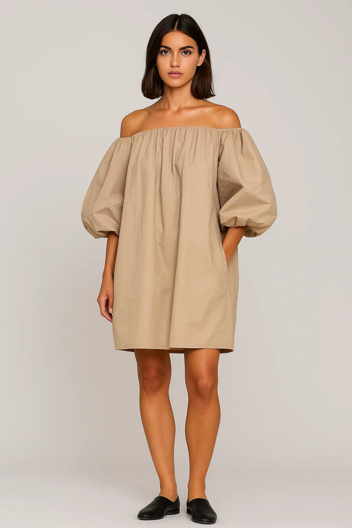 Off Shoulder Mini Dress Women Beige Summer Casual