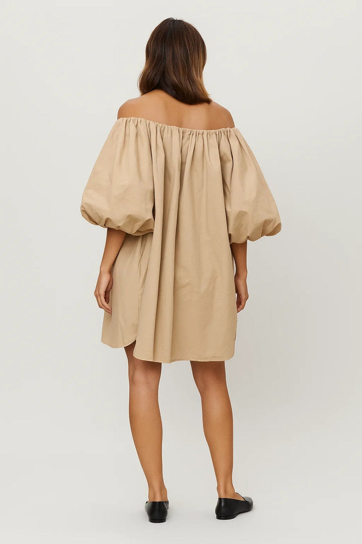Off Shoulder Mini Dress Women Beige Summer Casual
