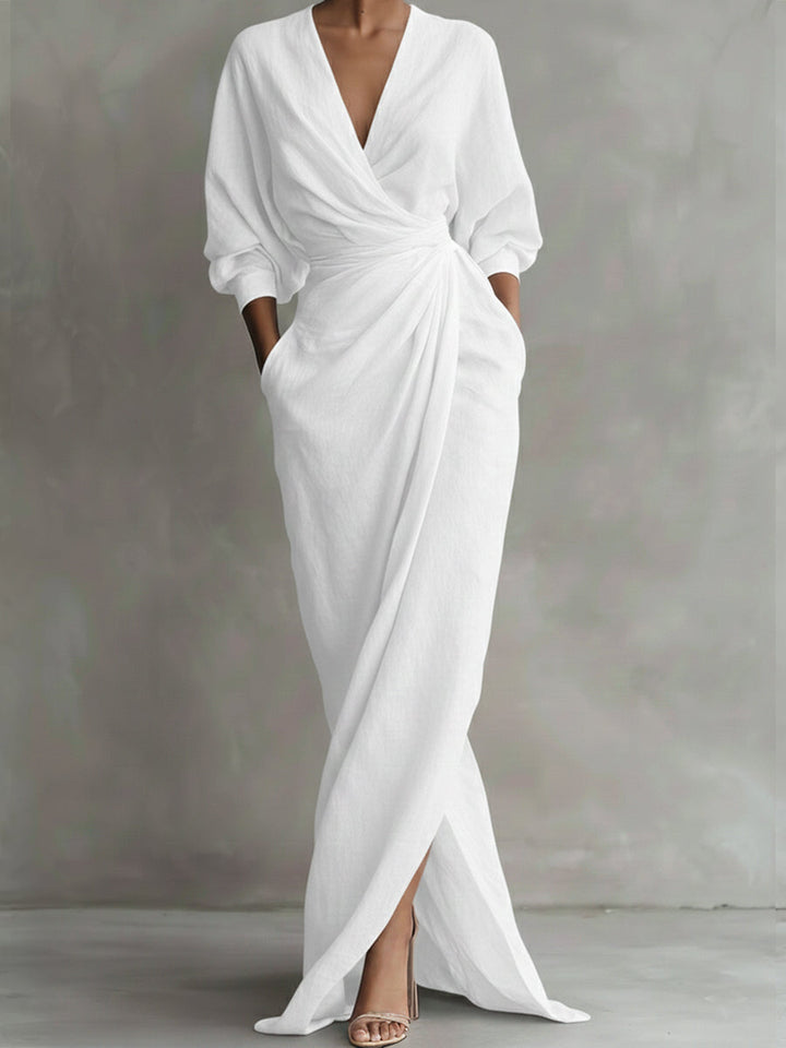 Maxi Dress Women V-Neck Long Sleeve Wrap White