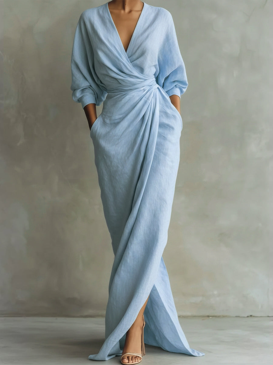 Maxi Dress Women V-Neck Long Sleeve Wrap White