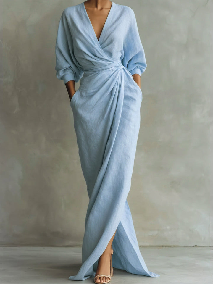 Maxi Dress Women V-Neck Long Sleeve Wrap White