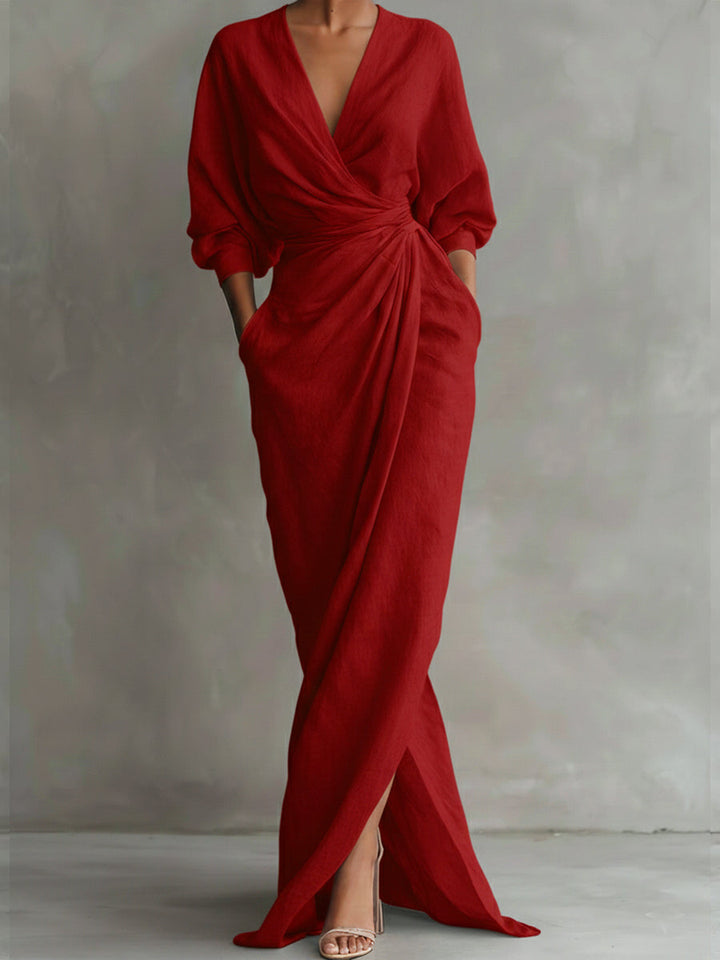 Maxi Dress Women V-Neck Long Sleeve Wrap White