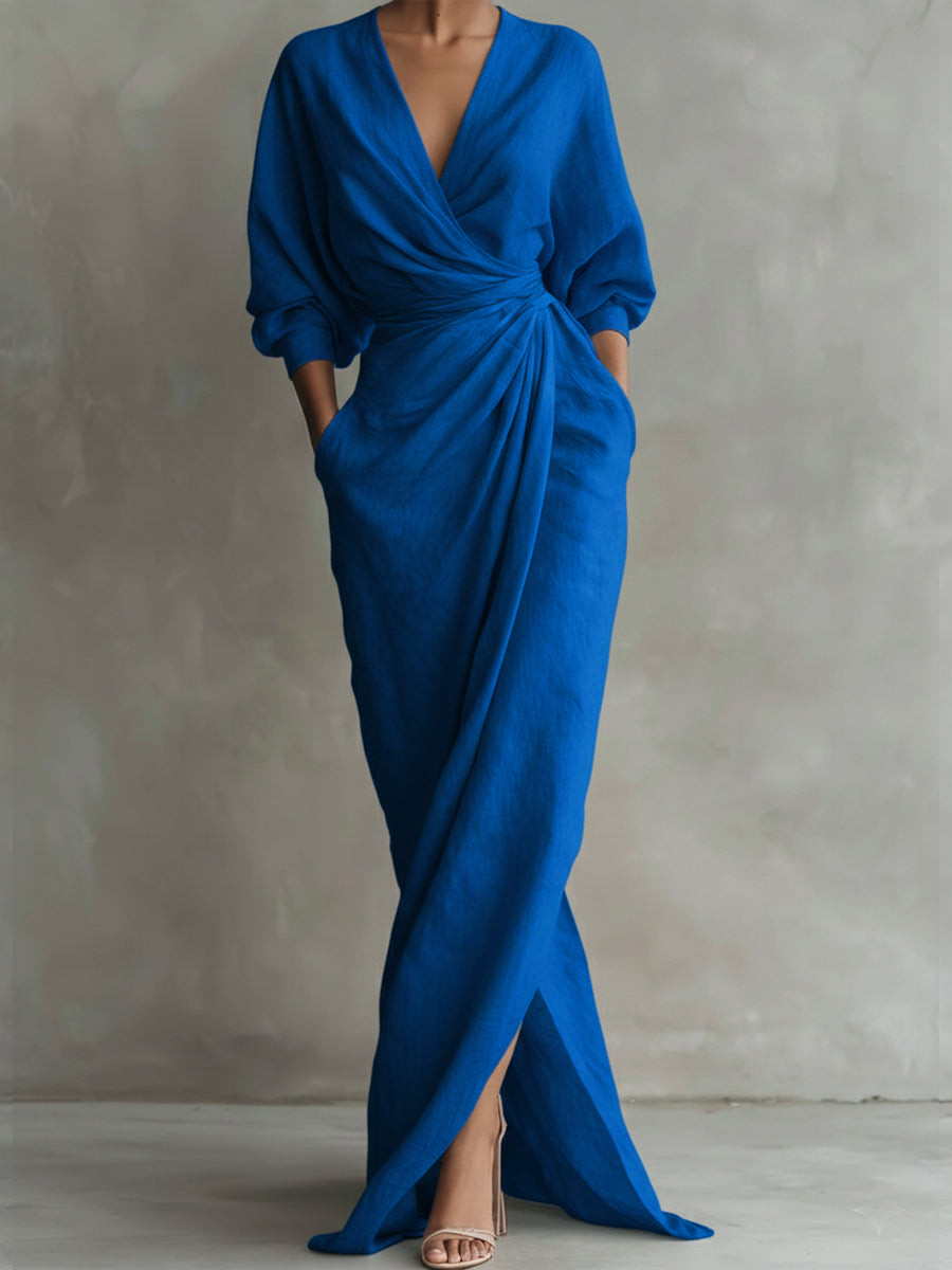 Maxi Dress Women V-Neck Long Sleeve Wrap White