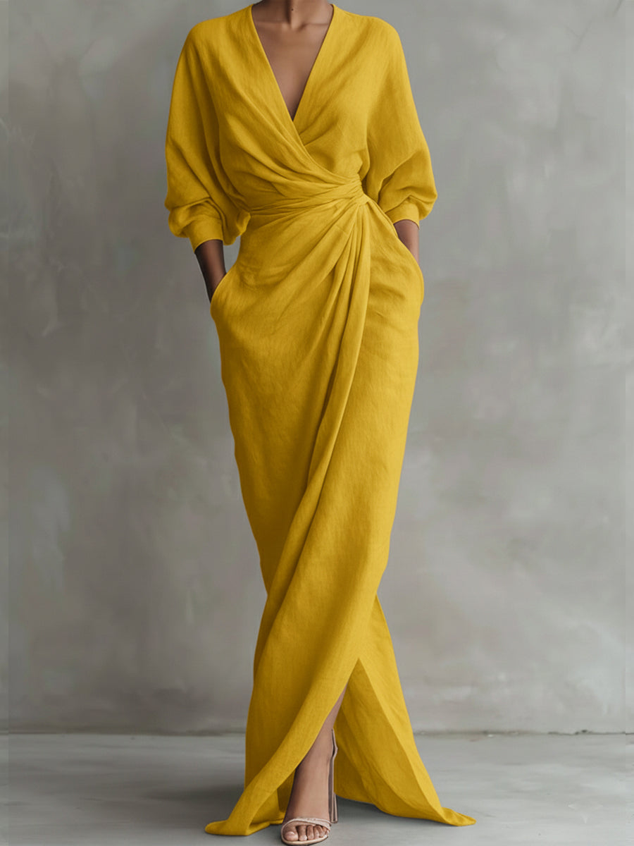 Maxi Dress Women V-Neck Long Sleeve Wrap White
