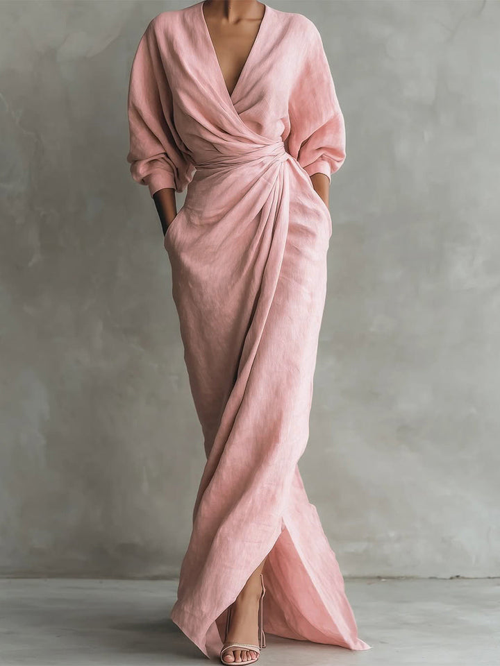 Maxi Dress Women V-Neck Long Sleeve Wrap White