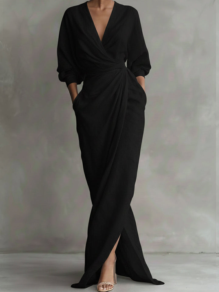 Maxi Dress Women V-Neck Long Sleeve Wrap White