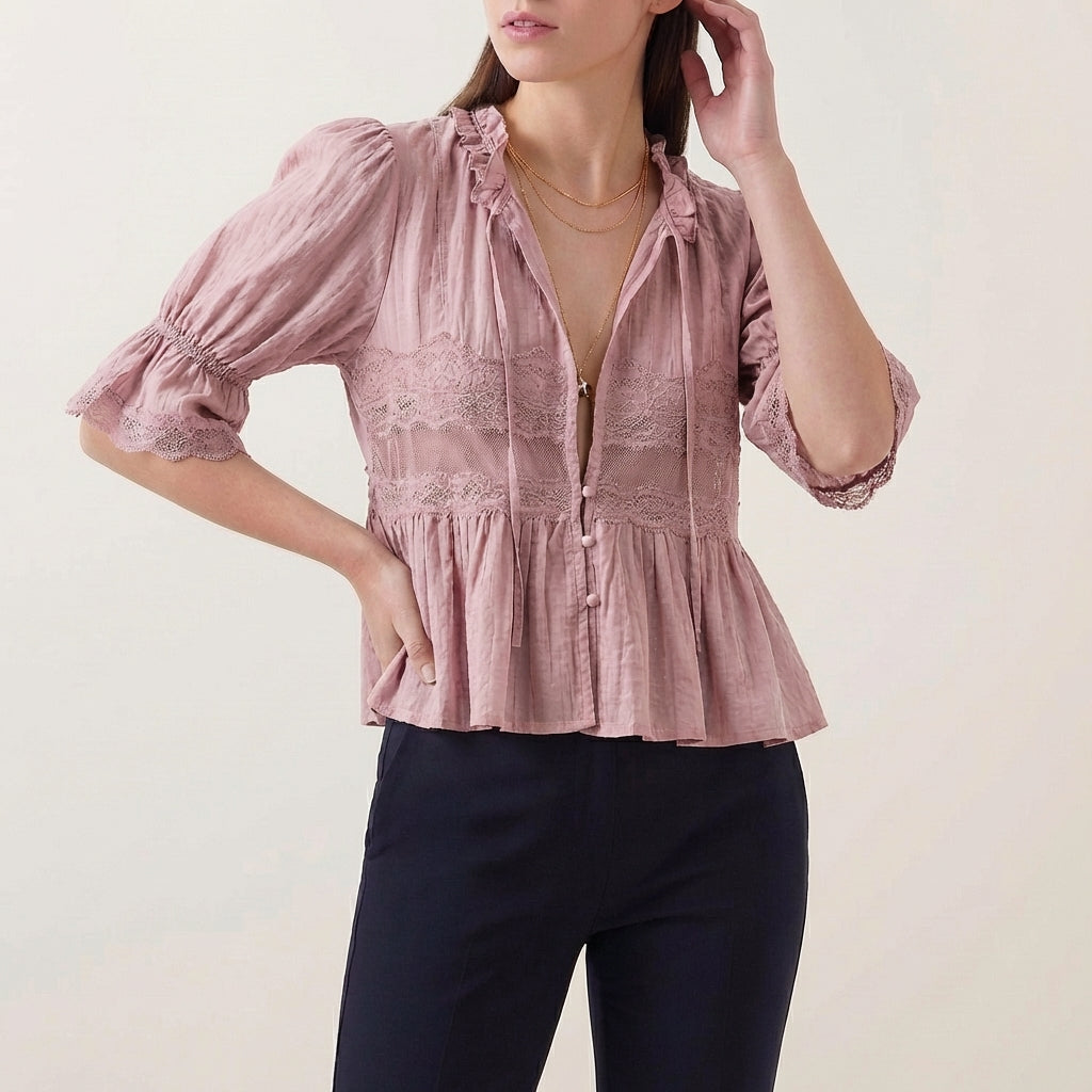 Blouse Women V-Neck Puff Sleeve Lace Babydoll Crinkle