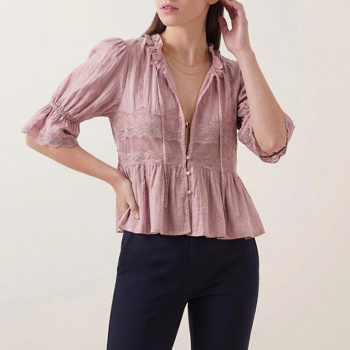 Blouse Women V-Neck Puff Sleeve Lace Babydoll Crinkle