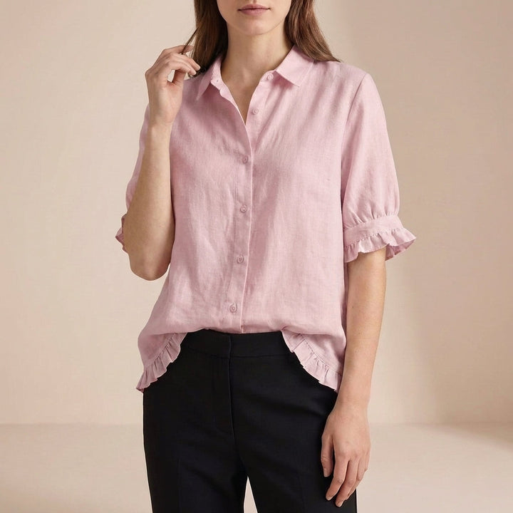 Denim Blouse Women Boxy Ruffle Point Collar Casual