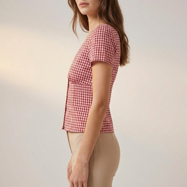 Blouse Women Gingham V-Neck Woven Lightweight