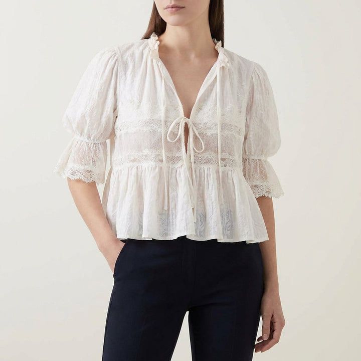 Blouse Women V-Neck Puff Sleeve Lace Babydoll Crinkle