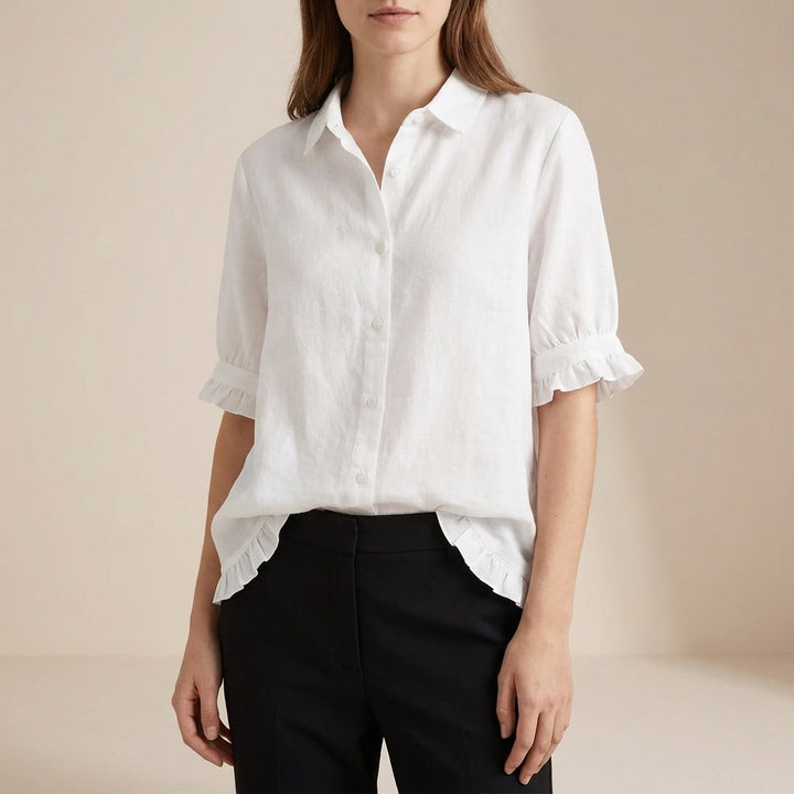 Denim Blouse Women Boxy Ruffle Point Collar Casual