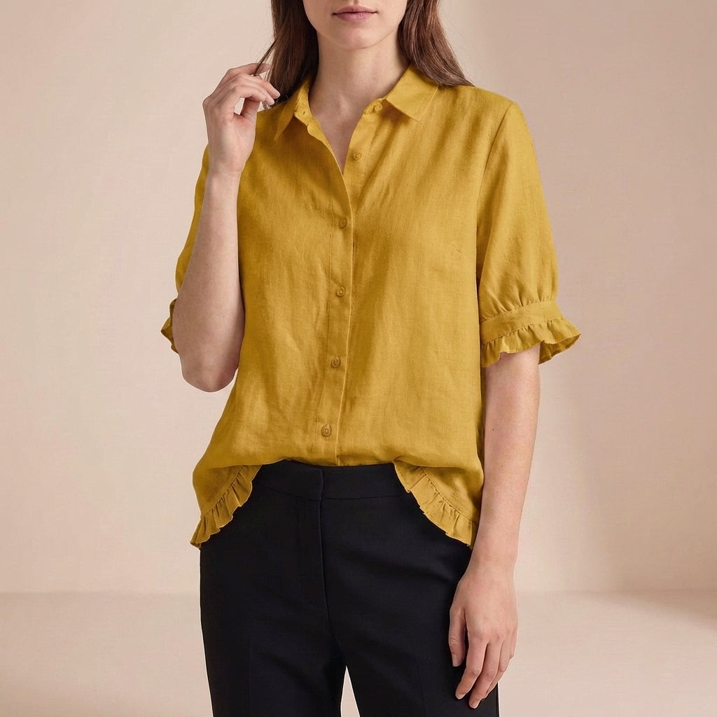 Denim Blouse Women Boxy Ruffle Point Collar Casual