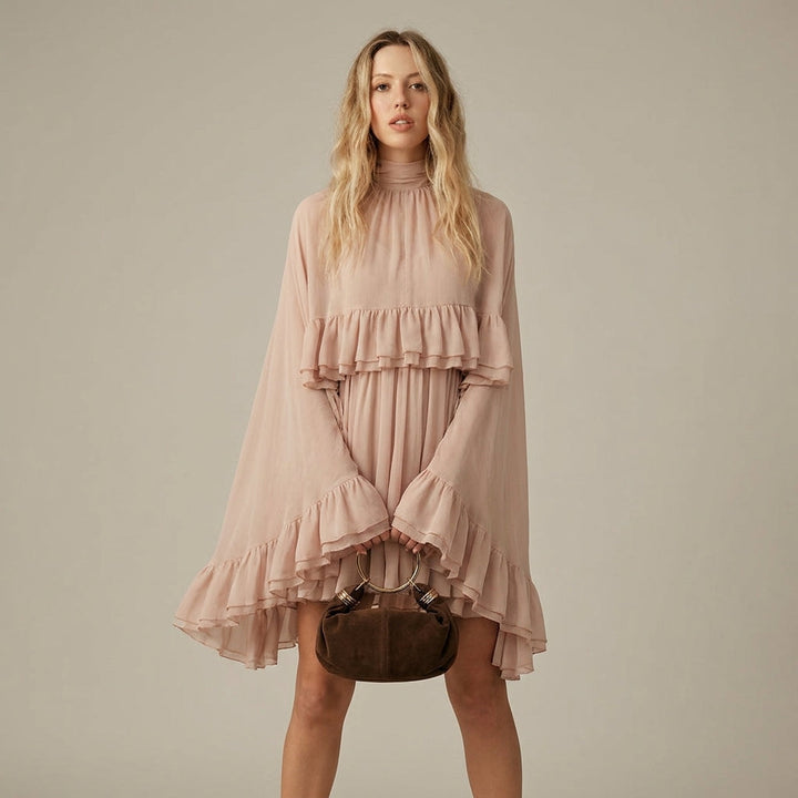 Ruffle Chiffon Mini Dress with High Neck and Layered Fit