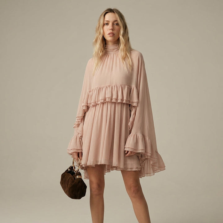 Ruffle Chiffon Mini Dress with High Neck and Layered Fit