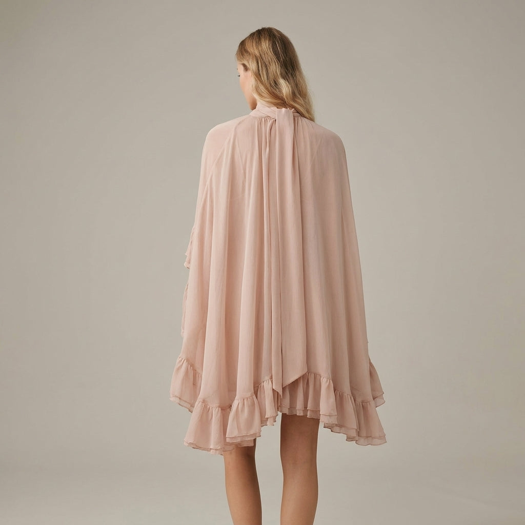 Ruffle Chiffon Mini Dress with High Neck and Layered Fit
