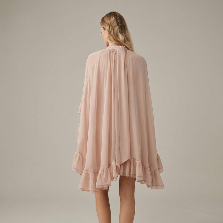 Ruffle Chiffon Mini Dress with High Neck and Layered Fit